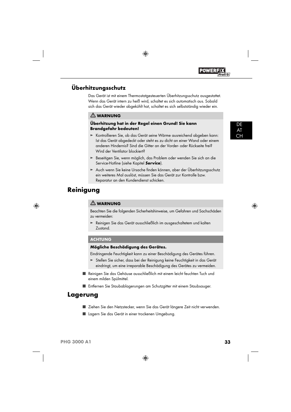 Reinigung, Lagerung, Überhitzungsschutz | De at ch | Powerfix PHG 2500 A1 User Manual | Page 35 / 50