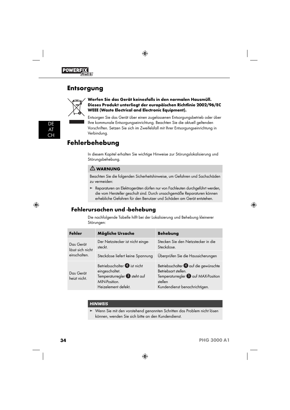 Entsorgung, Fehlerbehebung, Fehlerursachen und -behebung | De at ch | Powerfix PHG 2500 A1 User Manual | Page 36 / 50