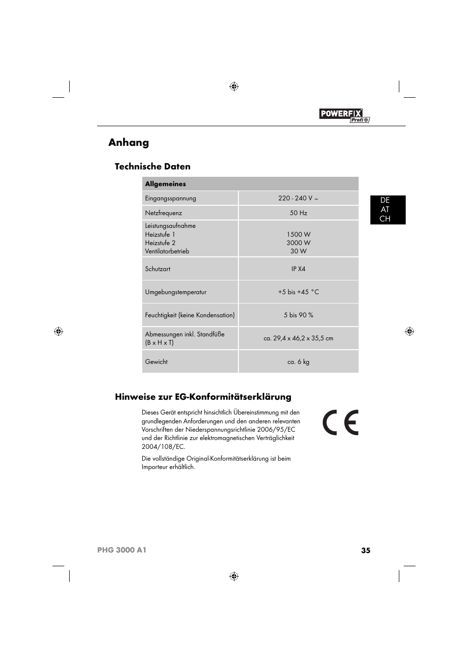 Anhang, Technische daten, Hinweise zur eg-konformitätserklärung | De at ch | Powerfix PHG 2500 A1 User Manual | Page 37 / 50