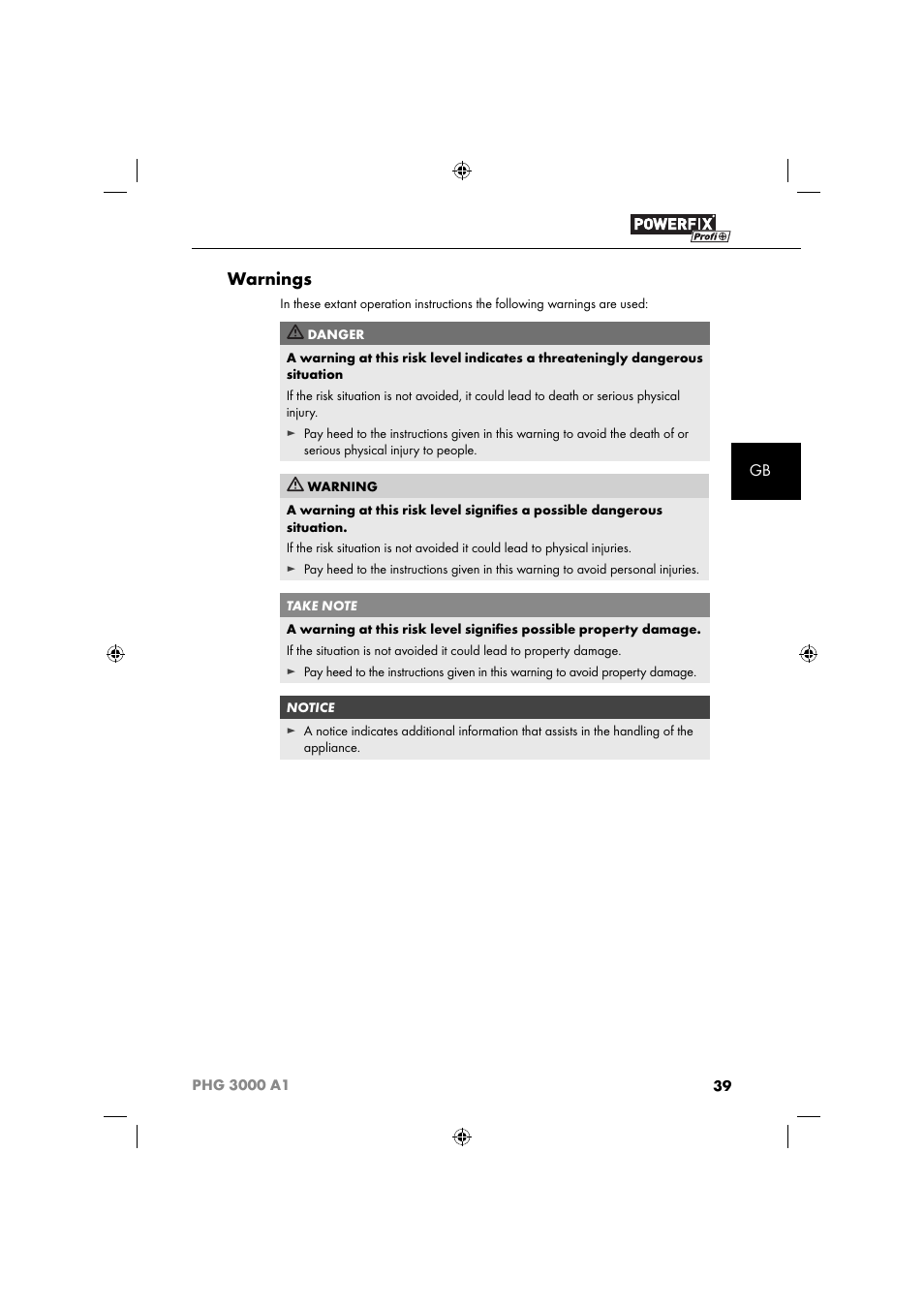 Warnings | Powerfix PHG 2500 A1 User Manual | Page 41 / 50