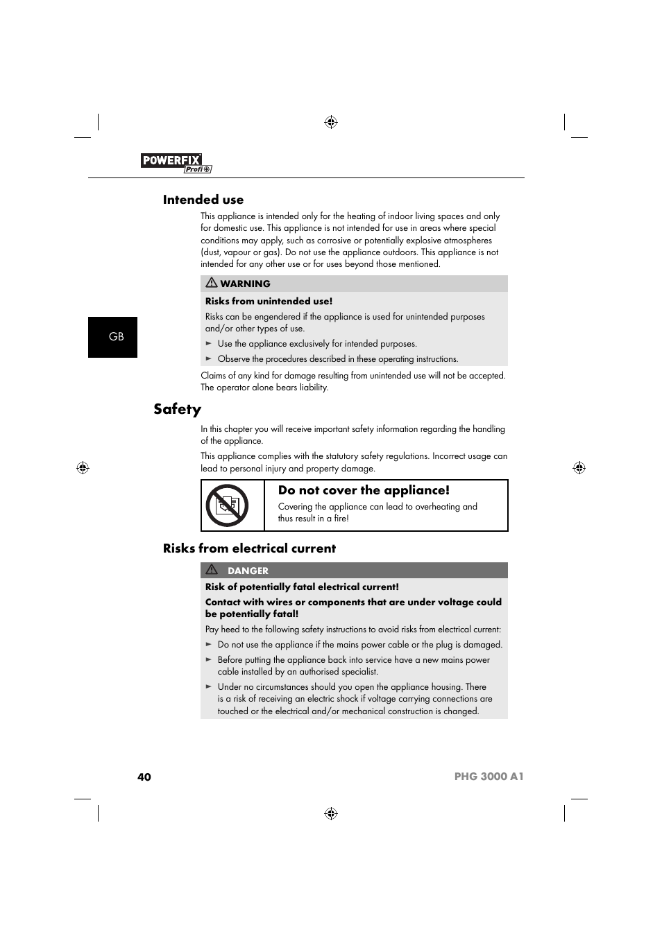 Safety, Intended use, Do not cover the appliance | Risks from electrical current | Powerfix PHG 2500 A1 User Manual | Page 42 / 50