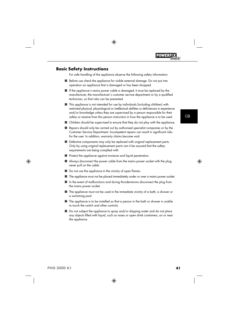 Basic safety instructions | Powerfix PHG 2500 A1 User Manual | Page 43 / 50