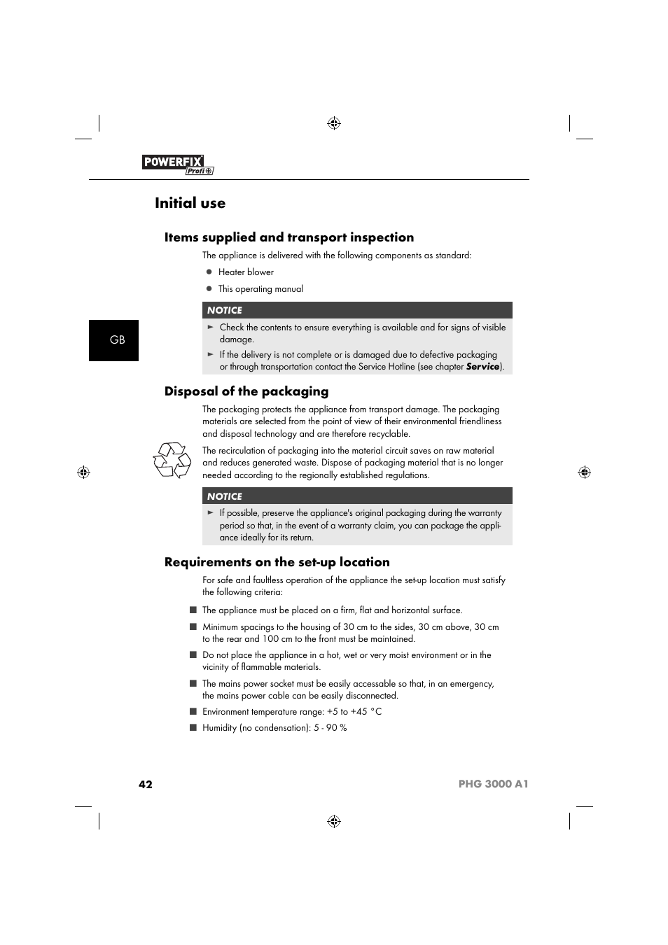 Initial use, Items supplied and transport inspection, Disposal of the packaging | Requirements on the set-up location | Powerfix PHG 2500 A1 User Manual | Page 44 / 50