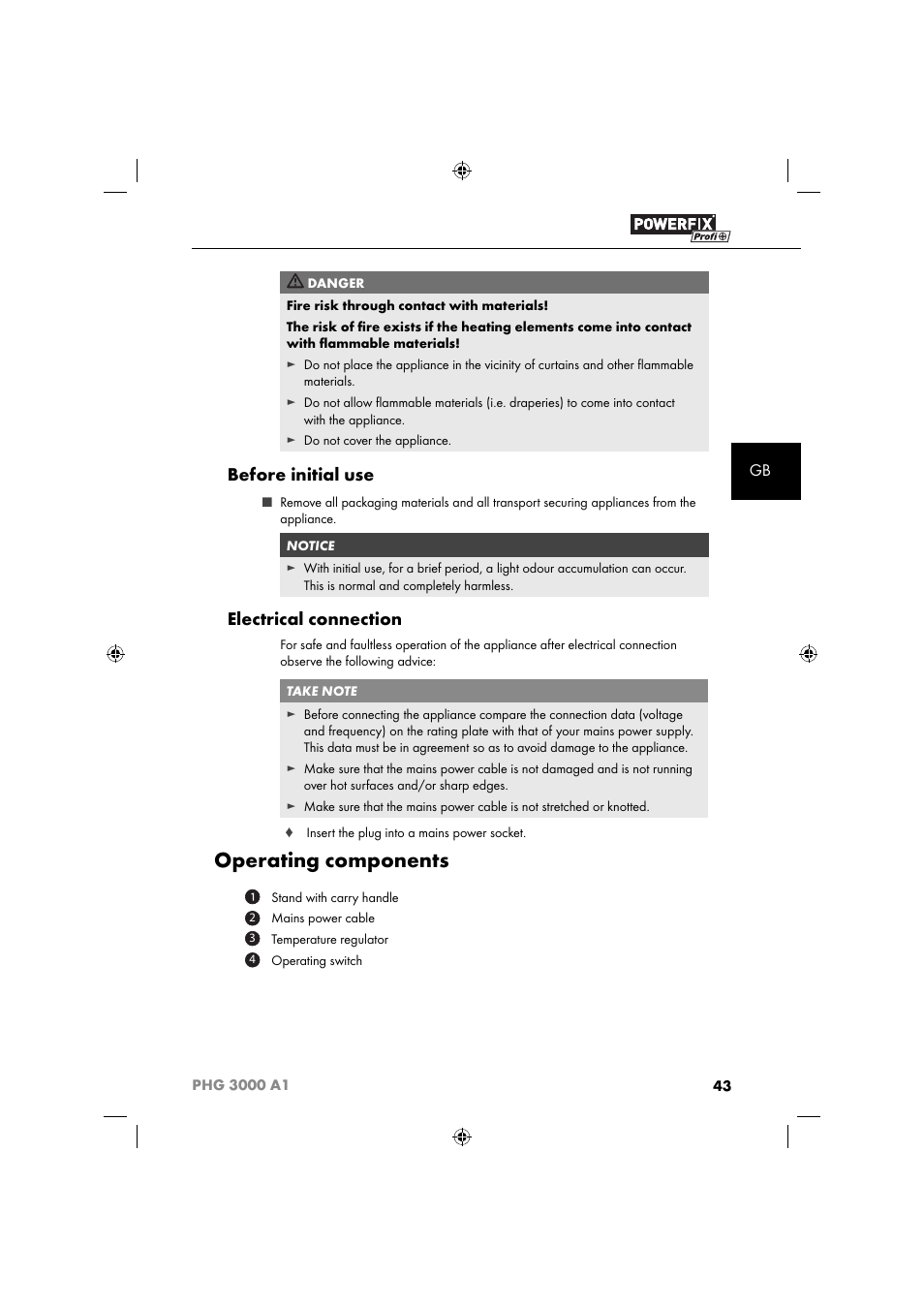 Operating components, Before initial use, Electrical connection | Powerfix PHG 2500 A1 User Manual | Page 45 / 50