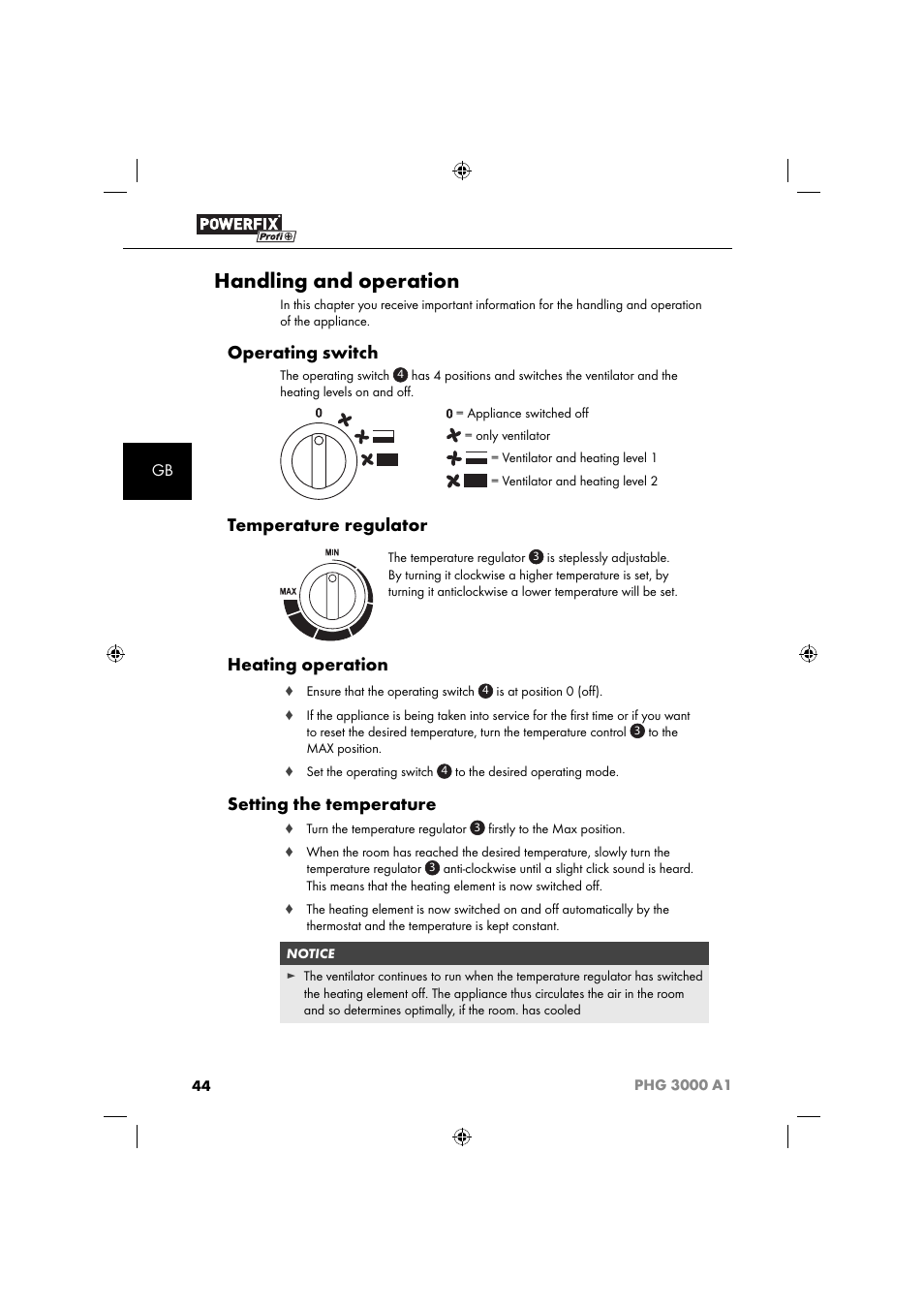 Handling and operation, Operating switch, Temperature regulator | Heating operation, Setting the temperature | Powerfix PHG 2500 A1 User Manual | Page 46 / 50