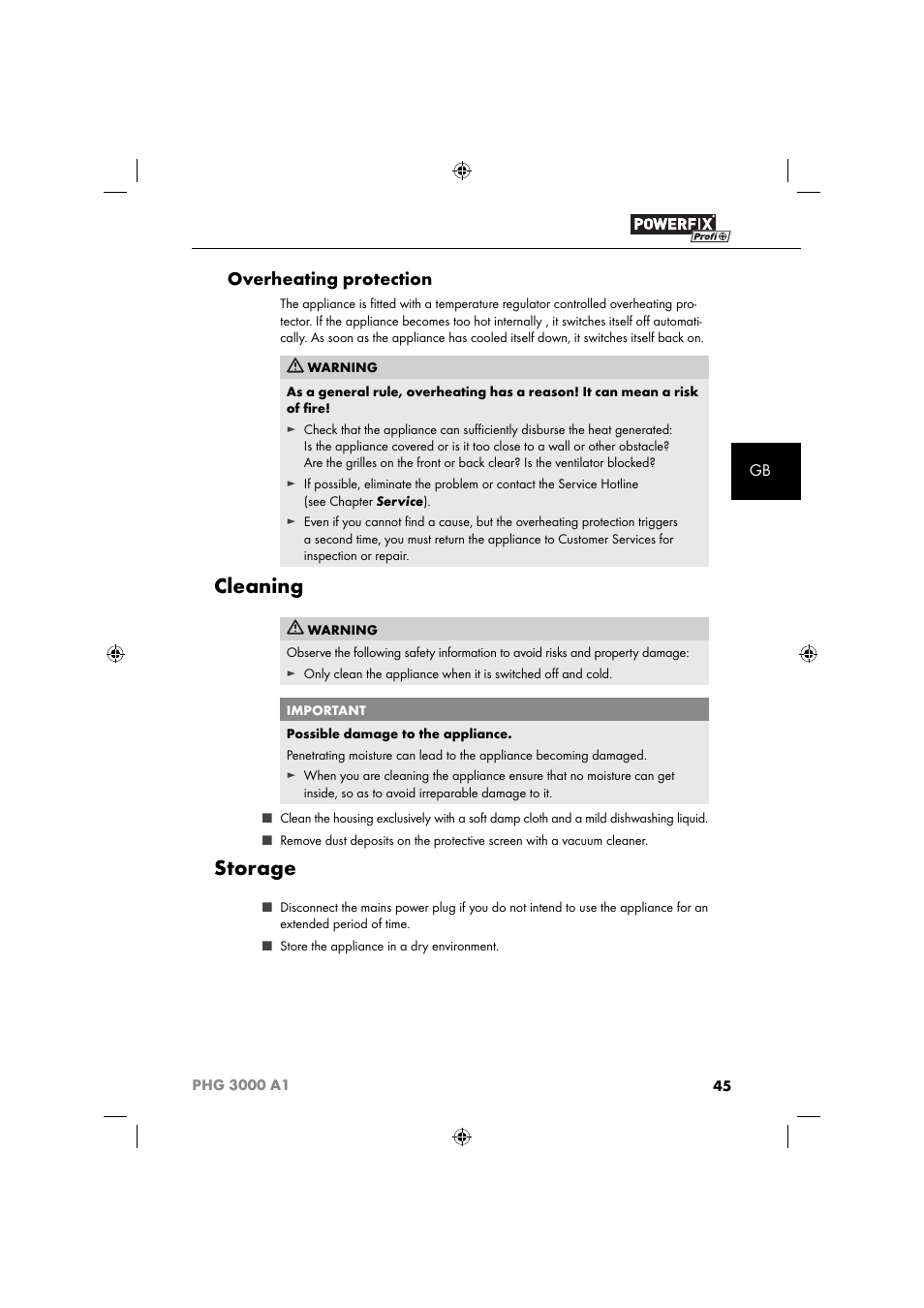 Cleaning, Storage, Overheating protection | Powerfix PHG 2500 A1 User Manual | Page 47 / 50