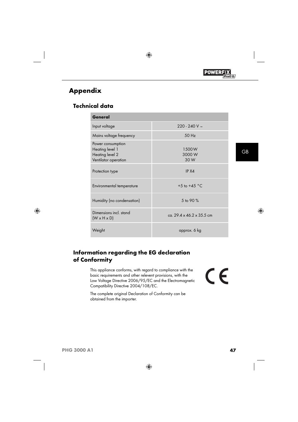 Appendix, Technical data | Powerfix PHG 2500 A1 User Manual | Page 49 / 50