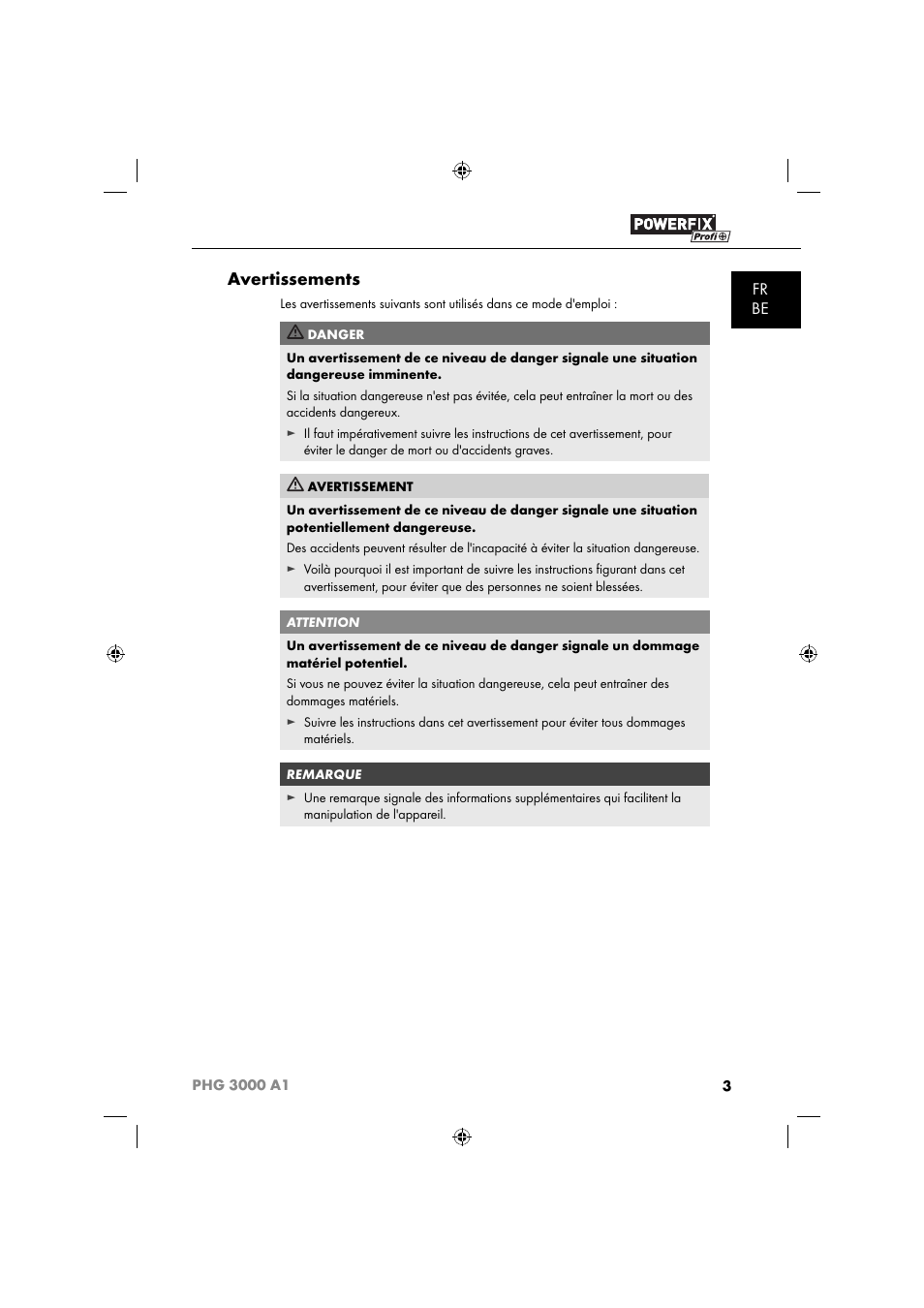 Avertissements, Fr be | Powerfix PHG 2500 A1 User Manual | Page 5 / 50