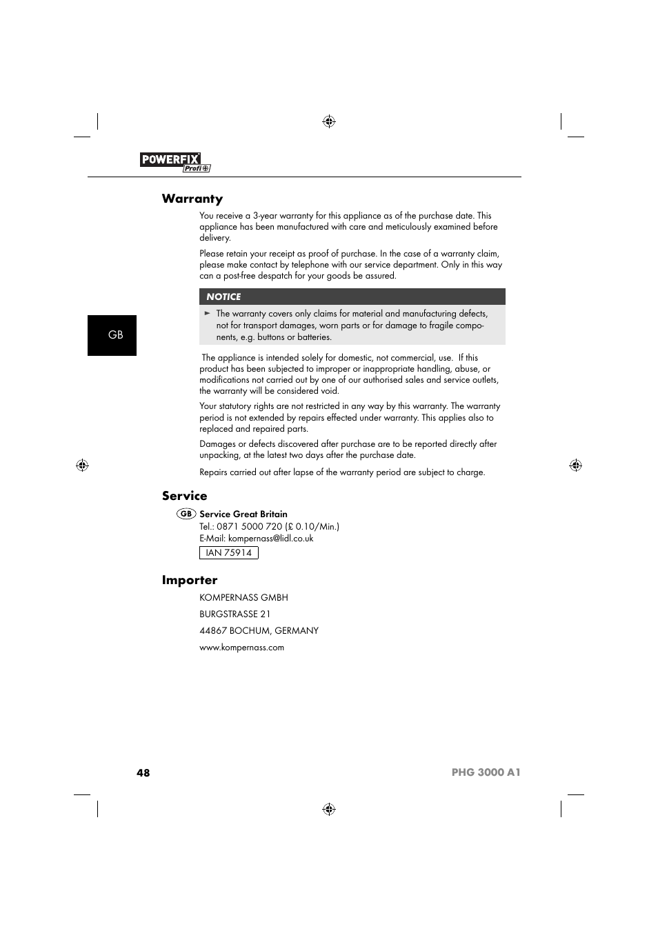 Warranty, Service, Importer | Powerfix PHG 2500 A1 User Manual | Page 50 / 50
