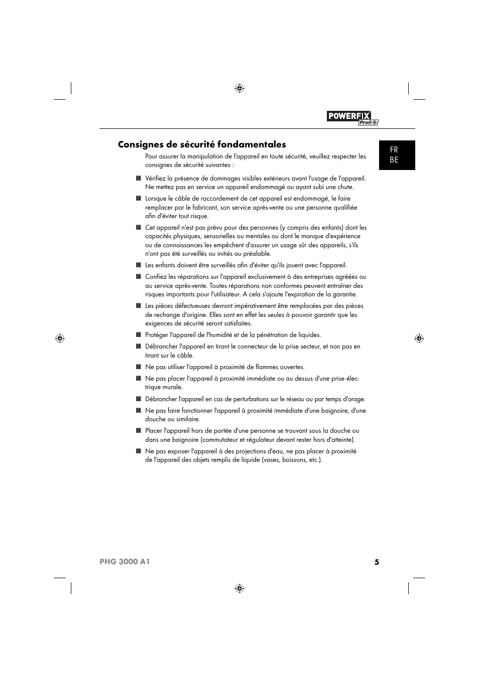 Consignes de sécurité fondamentales, Fr be | Powerfix PHG 2500 A1 User Manual | Page 7 / 50