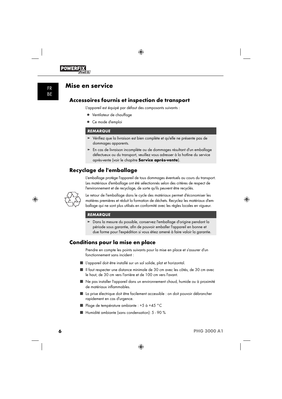Mise en service, Accessoires fournis et inspection de transport, Recyclage de l'emballage | Conditions pour la mise en place, Fr be | Powerfix PHG 2500 A1 User Manual | Page 8 / 50