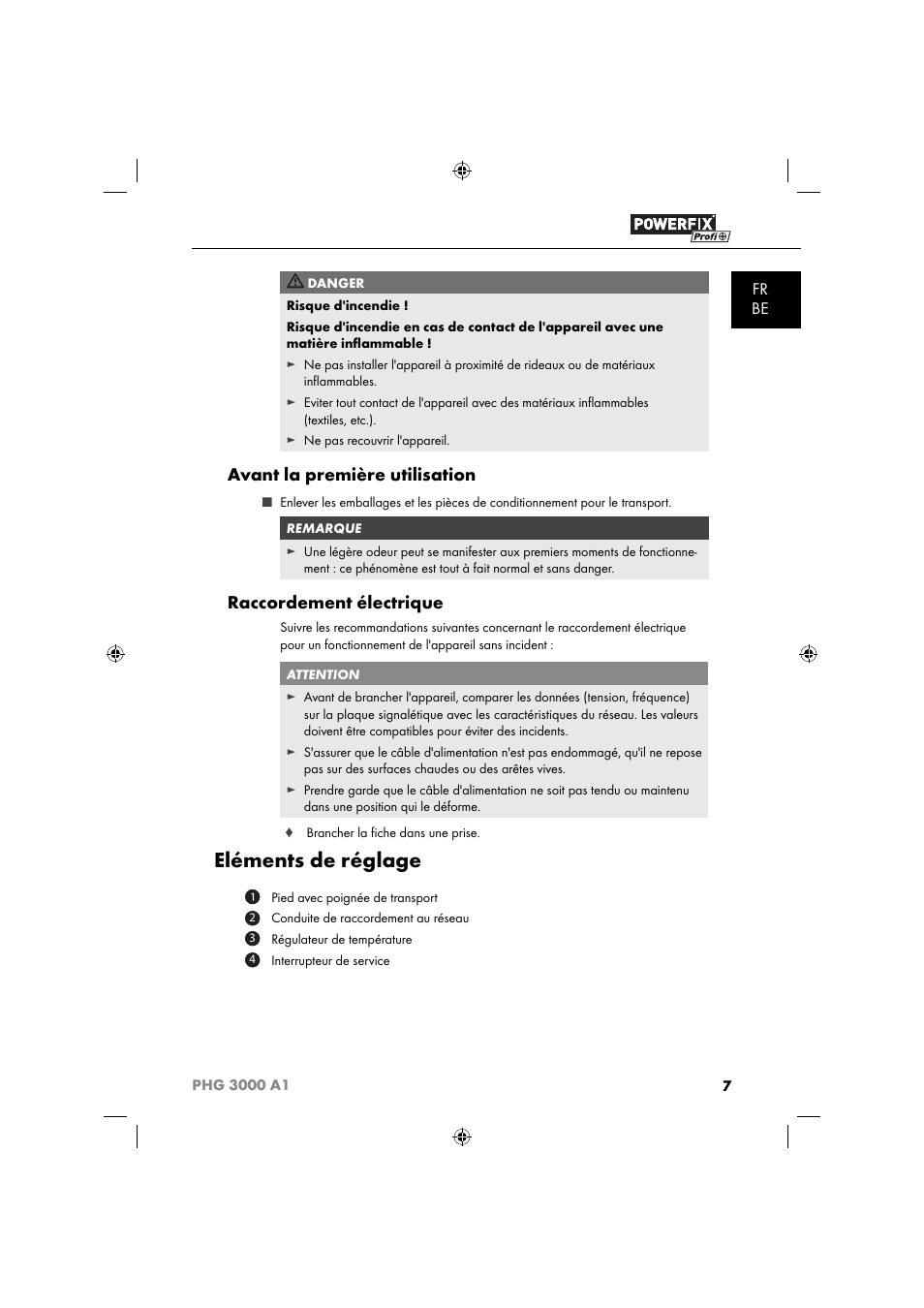 Eléments de réglage, Avant la première utilisation, Raccordement électrique | Fr be | Powerfix PHG 2500 A1 User Manual | Page 9 / 50