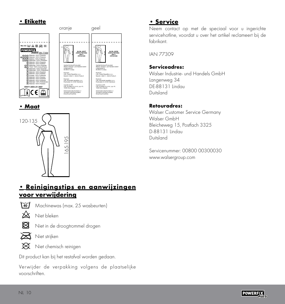 Reinigingstips en aanwijzingen voor verwijdering, Service, Etikette | Maat, Oranje geel, Nl 10 | Powerfix HIGH VISIBILITY VEST User Manual | Page 10 / 12