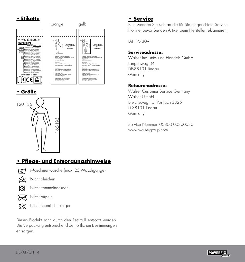 Pflege- und entsorgungshinweise, Service, Etikette | Größe, Orange gelb, De/at/ch 4 | Powerfix HIGH VISIBILITY VEST User Manual | Page 4 / 12