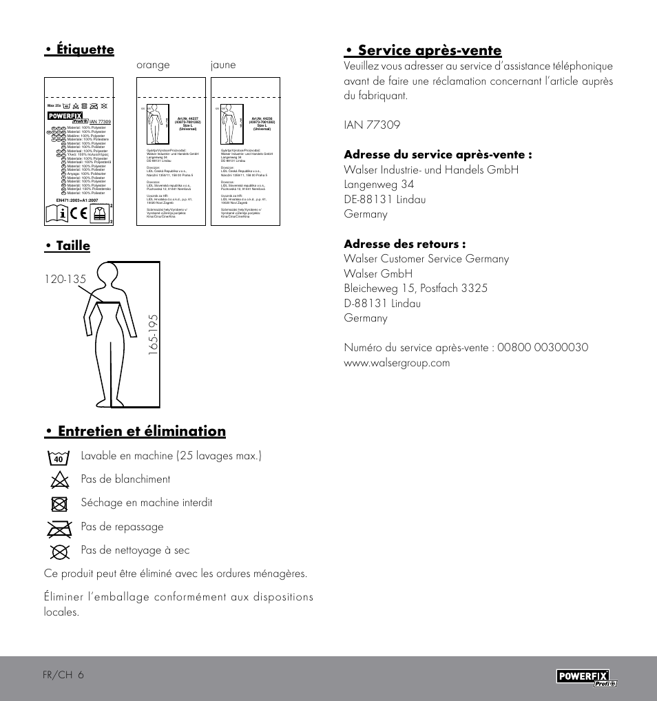 Entretien et élimination, Service après-vente, Étiquette | Taille, Orange jaune, Fr/ch 6 | Powerfix HIGH VISIBILITY VEST User Manual | Page 6 / 12