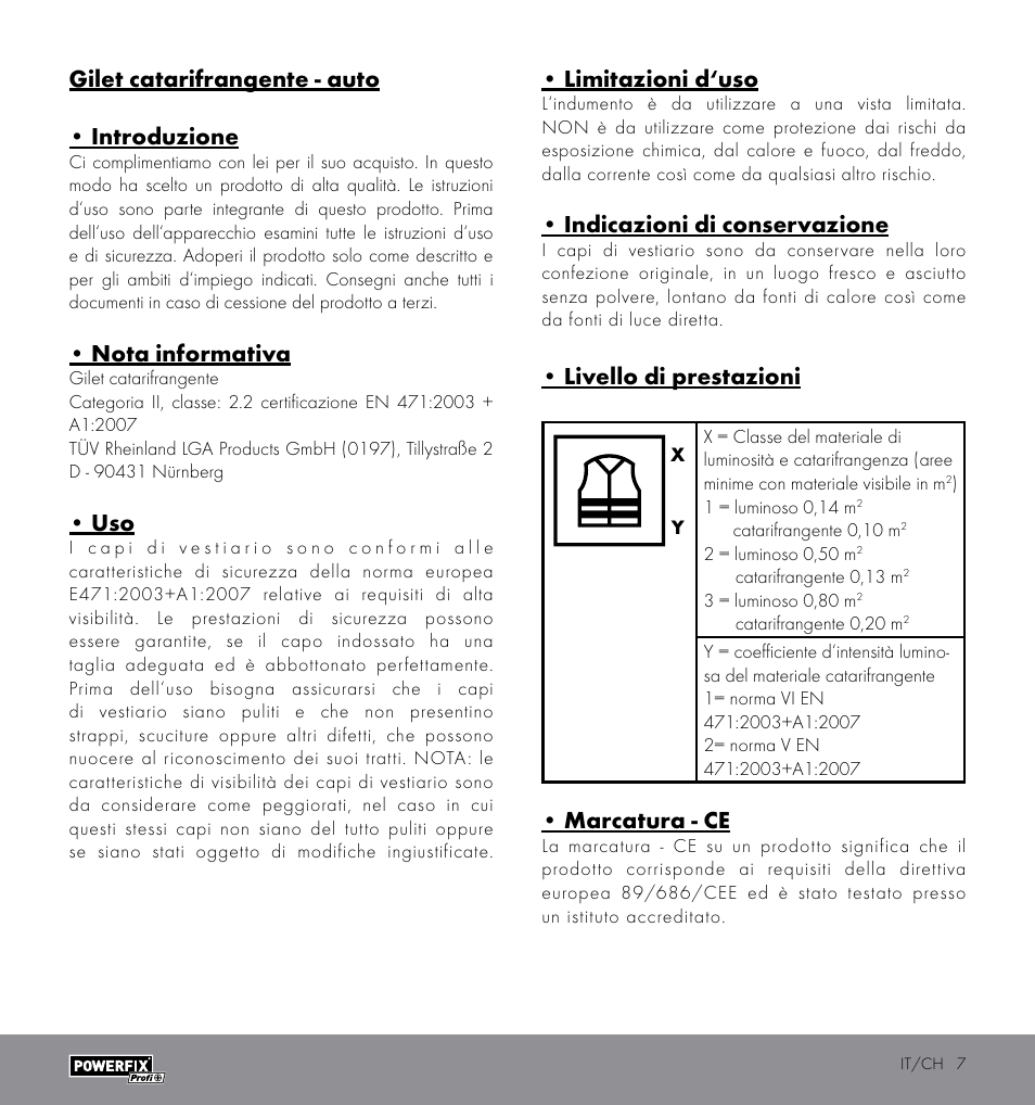 Gilet catarifrangente - auto • introduzione, Nota informativa, Limitazioni d‘uso | Indicazioni di conservazione, Livello di prestazioni, Marcatura - ce | Powerfix HIGH VISIBILITY VEST User Manual | Page 7 / 12