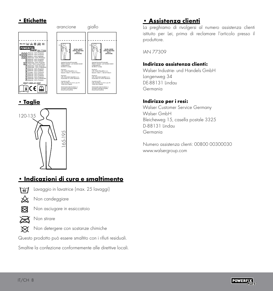 Indicazioni di cura e smaltimento, Assistenza clienti, Etichette | Taglia, Arancione giallo, It/ch 8 | Powerfix HIGH VISIBILITY VEST User Manual | Page 8 / 12