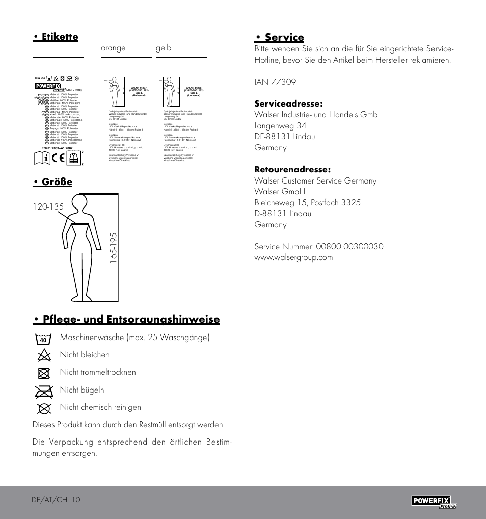 Pflege- und entsorgungshinweise, Service, Etikette | Größe, Orange gelb, De/at/ch 10 | Powerfix HIGH VISIBILITY VEST User Manual | Page 10 / 10
