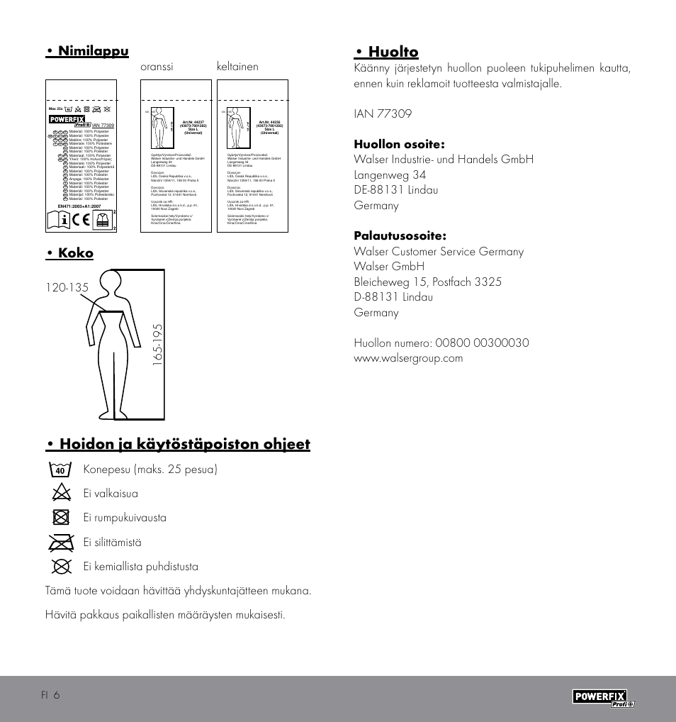Hoidon ja käytöstäpoiston ohjeet, Huolto, Nimilappu | Koko, Oranssi keltainen, Fi 6 | Powerfix HIGH VISIBILITY VEST User Manual | Page 6 / 10