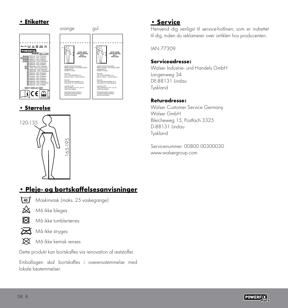Pleje- og bortskaffelsesanvisninger, Service, Etiketter | Størrelse, Orange gul, Dk 8 | Powerfix HIGH VISIBILITY VEST User Manual | Page 8 / 10