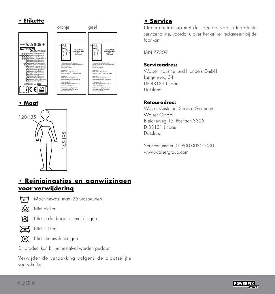 Reinigingstips en aanwijzingen voor verwijdering, Service, Etikette | Maat, Oranje geel, Nl/be 6 | Powerfix HIGH VISIBILITY VEST User Manual | Page 6 / 10