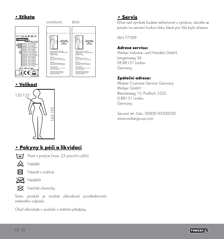 Pokyny k péči a likvidaci, Servis, Etiketa | Velikost, Oranžová žlutá, Cz 10 | Powerfix HIGH VISIBILITY VEST User Manual | Page 10 / 14