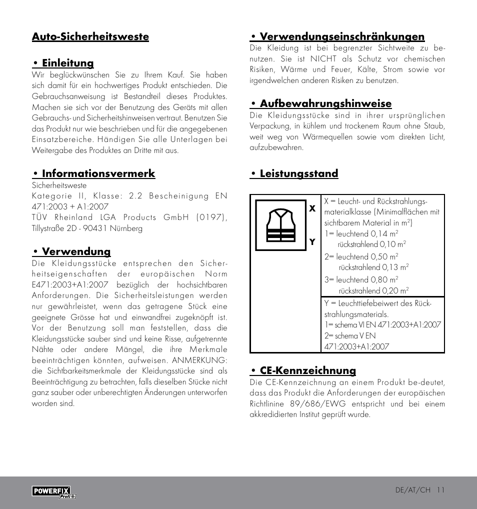 Auto-sicherheitsweste • einleitung, Informationsvermerk, Verwendung | Verwendungseinschränkungen, Aufbewahrungshinweise, Leistungsstand, Ce-kennzeichnung | Powerfix HIGH VISIBILITY VEST User Manual | Page 11 / 14