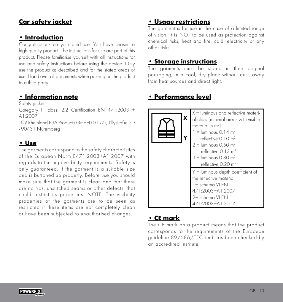Car safety jacket • introduction, Usage restrictions, Storage instructions | Performance level, Ce mark | Powerfix HIGH VISIBILITY VEST User Manual | Page 13 / 14