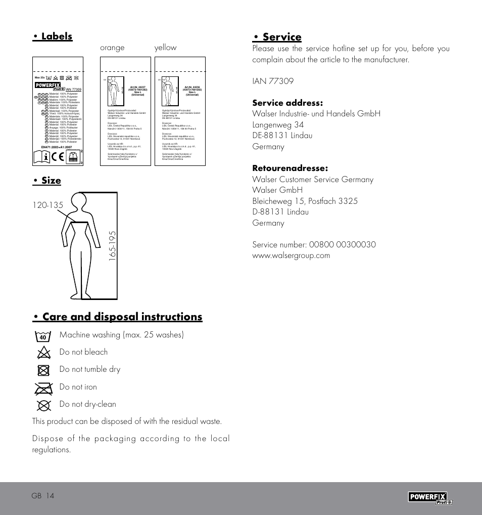 Care and disposal instructions, Service, Labels | Size, Orange yellow, Gb 14 | Powerfix HIGH VISIBILITY VEST User Manual | Page 14 / 14