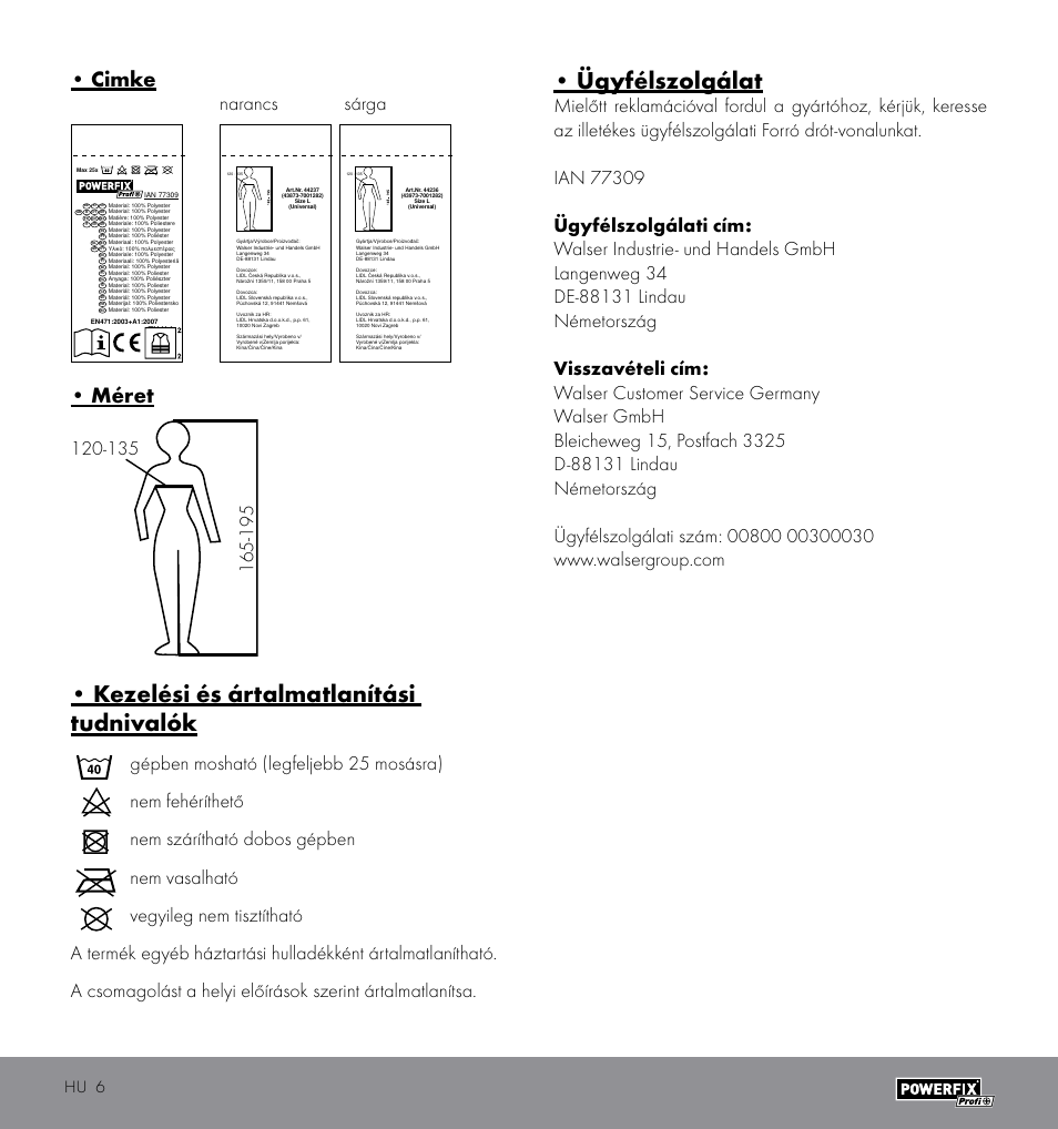 Kezelési és ártalmatlanítási tudnivalók, Ügyfélszolgálat, Cimke | Méret, Narancs sárga, Hu 6 | Powerfix HIGH VISIBILITY VEST User Manual | Page 6 / 14