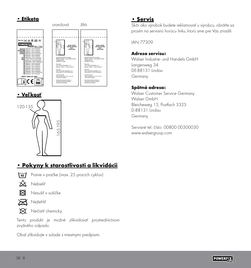 Pokyny k starostlivosti a likvidácii, Servis, Etiketa | Veľkosť, Oranžová žltá, Sk 8 | Powerfix HIGH VISIBILITY VEST User Manual | Page 8 / 14