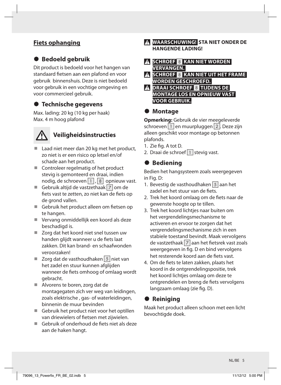 Fiets ophanging § bedoeld gebruik, Technische gegevens, Veiligheidsinstructies | Montage, Bediening, Reiniging | Powerfix Z31331 User Manual | Page 5 / 10