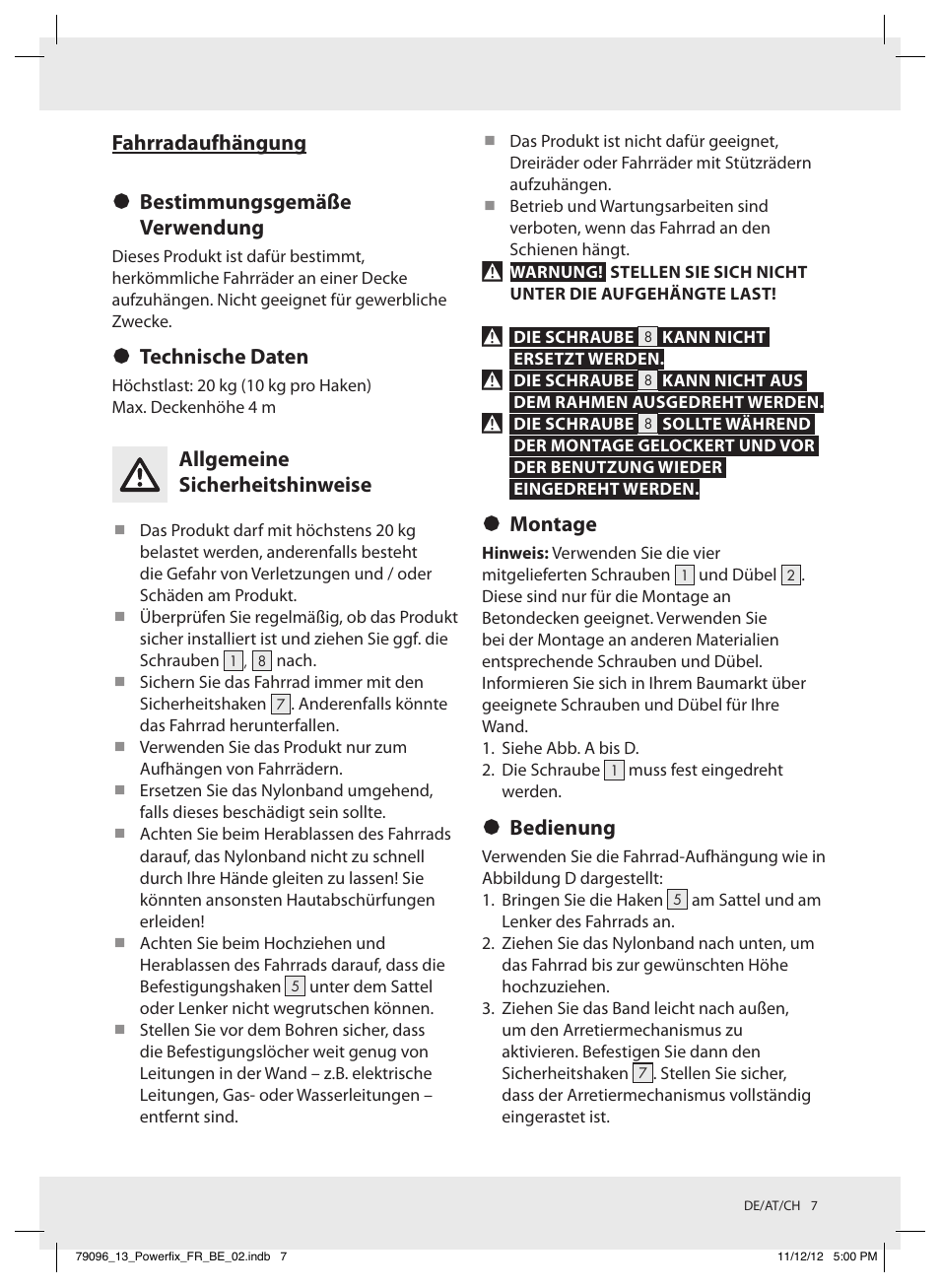 Fahrradaufhängung § bestimmungsgemäße verwendung, Technische daten, Allgemeine sicherheitshinweise | Montage, Bedienung | Powerfix Z31331 User Manual | Page 7 / 10