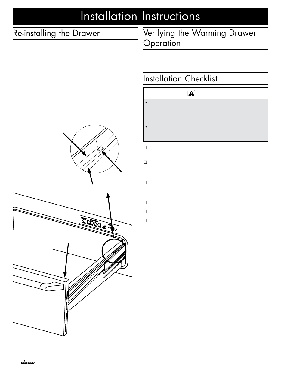 Installation instructions, Verifying the warming drawer operation, Installation checklist | Re-installing the drawer | Dacor MWDH27 User Manual | Page 10 / 12