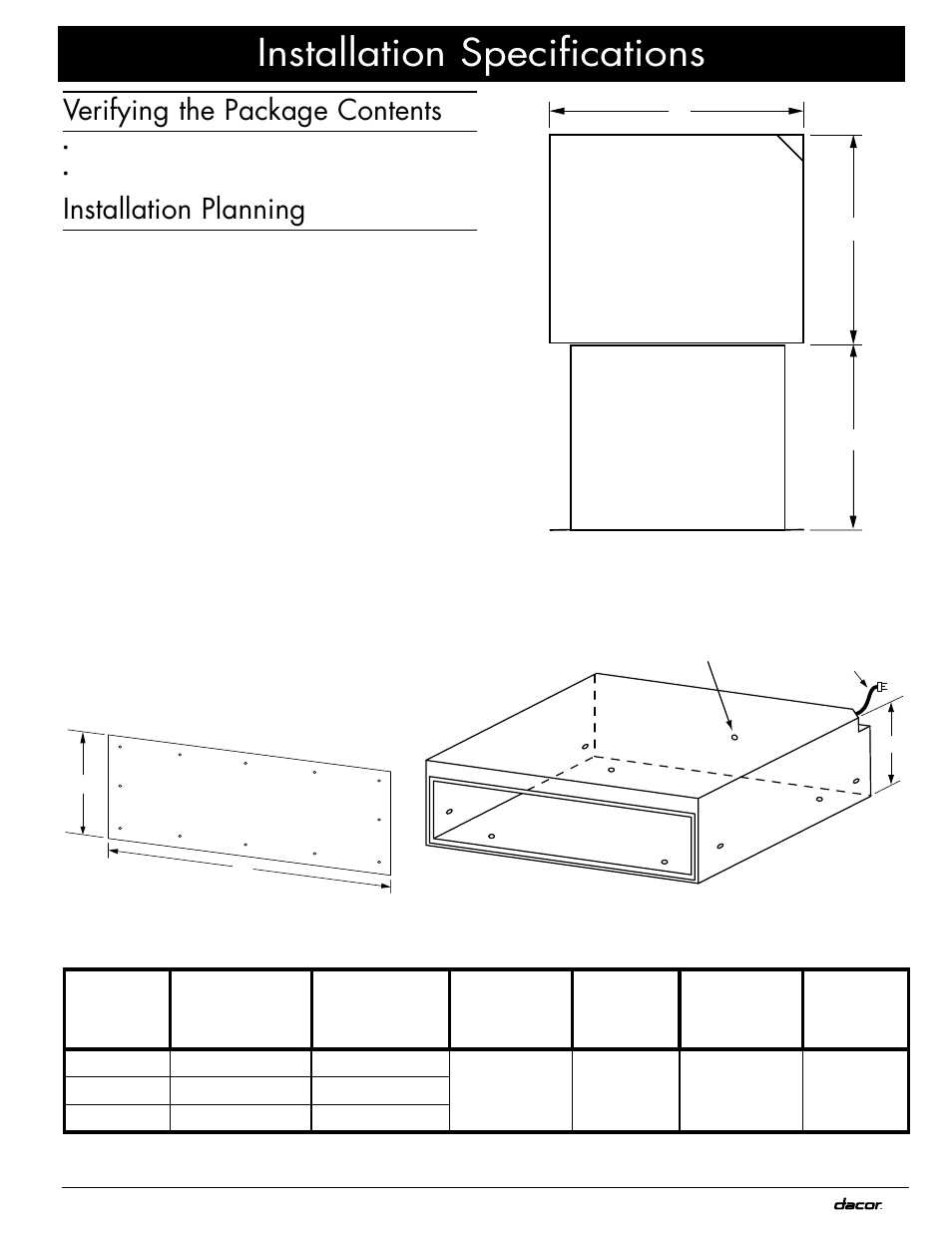 Installation specifications, Verifying the package contents, Installation planning | Dacor MWDH27 User Manual | Page 5 / 12