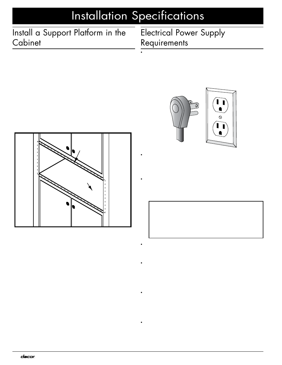 Installation specifications, Install a support platform in the cabinet, Electrical power supply requirements | Dacor MWDH27 User Manual | Page 8 / 12