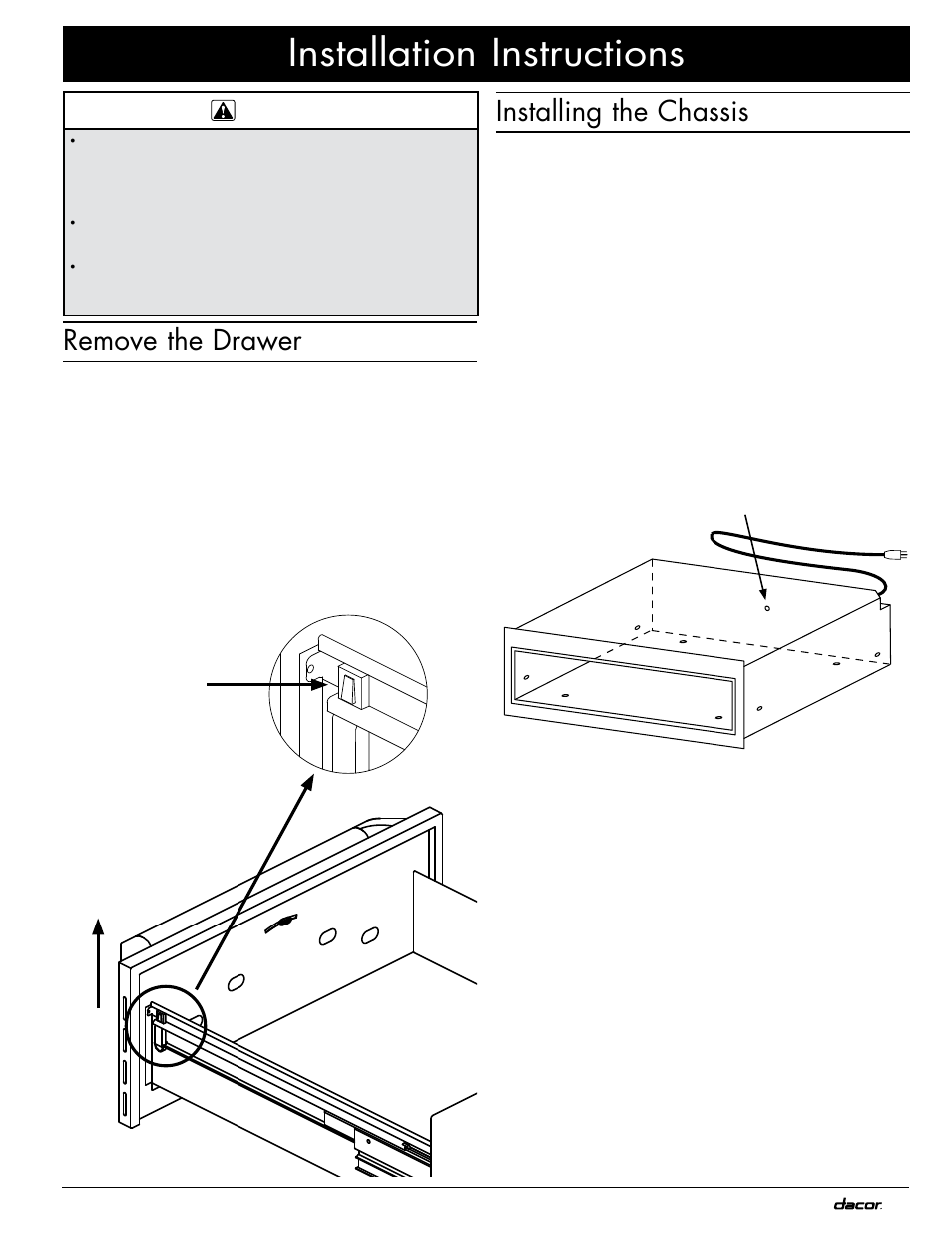 Installation instructions, Remove the drawer, Installing the chassis | Dacor MWDH27 User Manual | Page 9 / 12