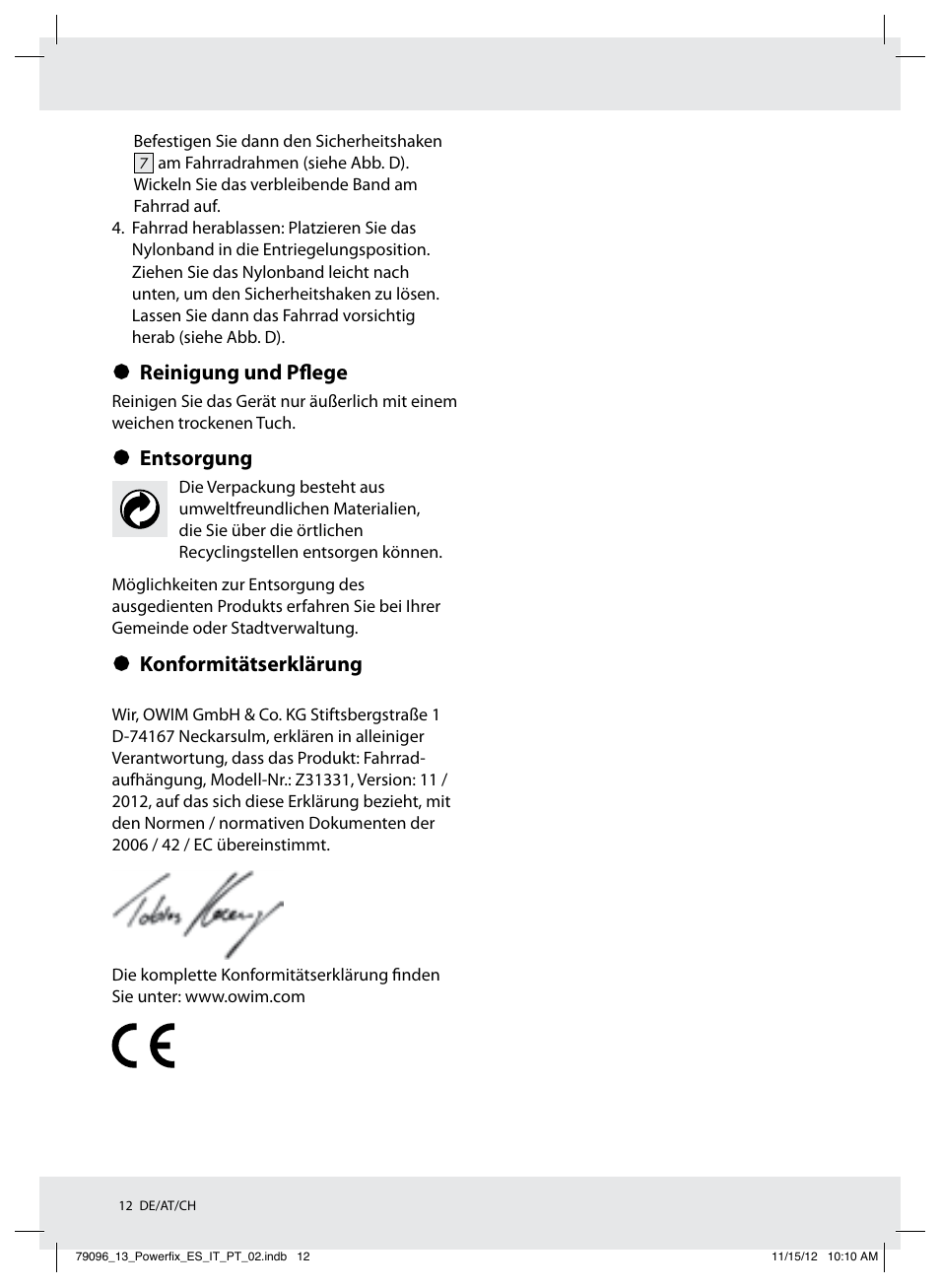 Reinigung und pflege, Entsorgung, Konformitätserklärung | Powerfix Z31331 User Manual | Page 12 / 14