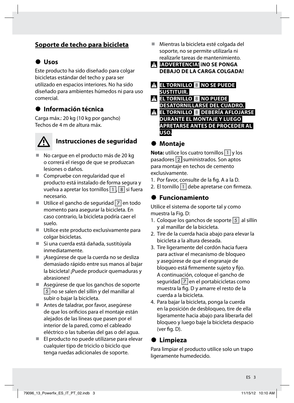 Soporte de techo para bicicleta § usos, Información técnica, Instrucciones de seguridad | Montaje, Funcionamiento, Limpieza | Powerfix Z31331 User Manual | Page 3 / 14