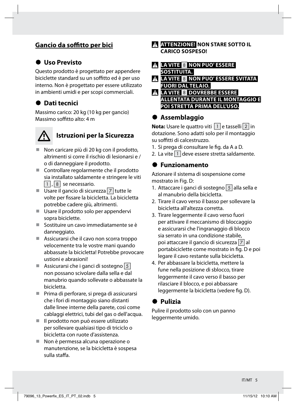 Gancio da soffitto per bici § uso previsto, Dati tecnici, Istruzioni per la sicurezza | Assemblaggio, Funzionamento, Pulizia | Powerfix Z31331 User Manual | Page 5 / 14