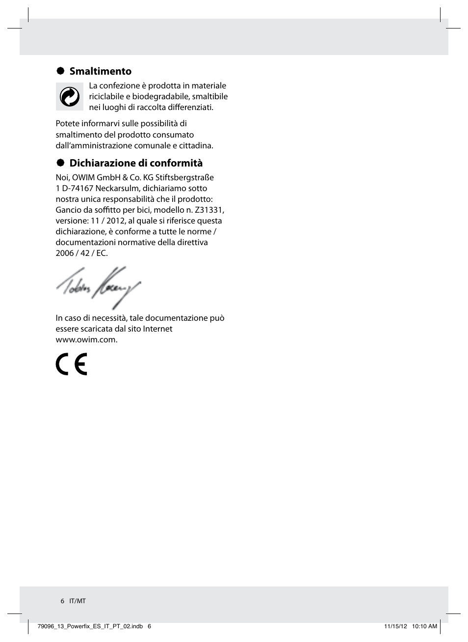 Smaltimento, Dichiarazione di conformità | Powerfix Z31331 User Manual | Page 6 / 14