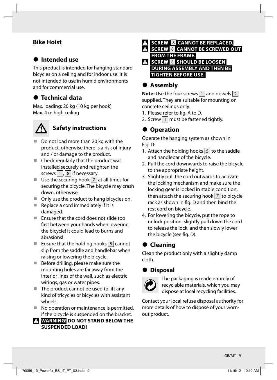 Bike hoist § intended use, Technical data, Safety instructions | Assembly, Operation, Cleaning, Disposal | Powerfix Z31331 User Manual | Page 9 / 14