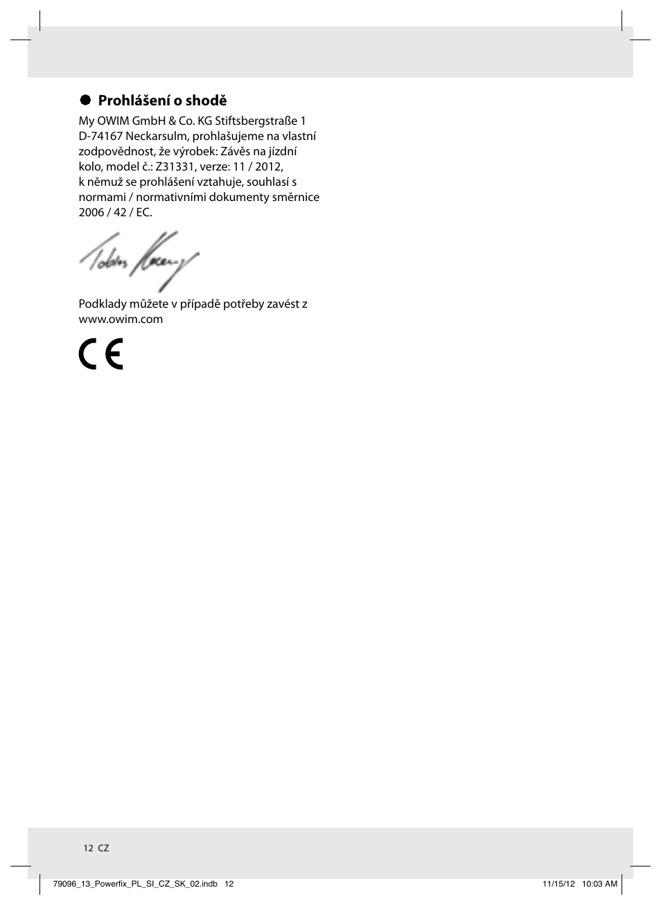 Prohlášení o shodě | Powerfix Z31331 User Manual | Page 12 / 18