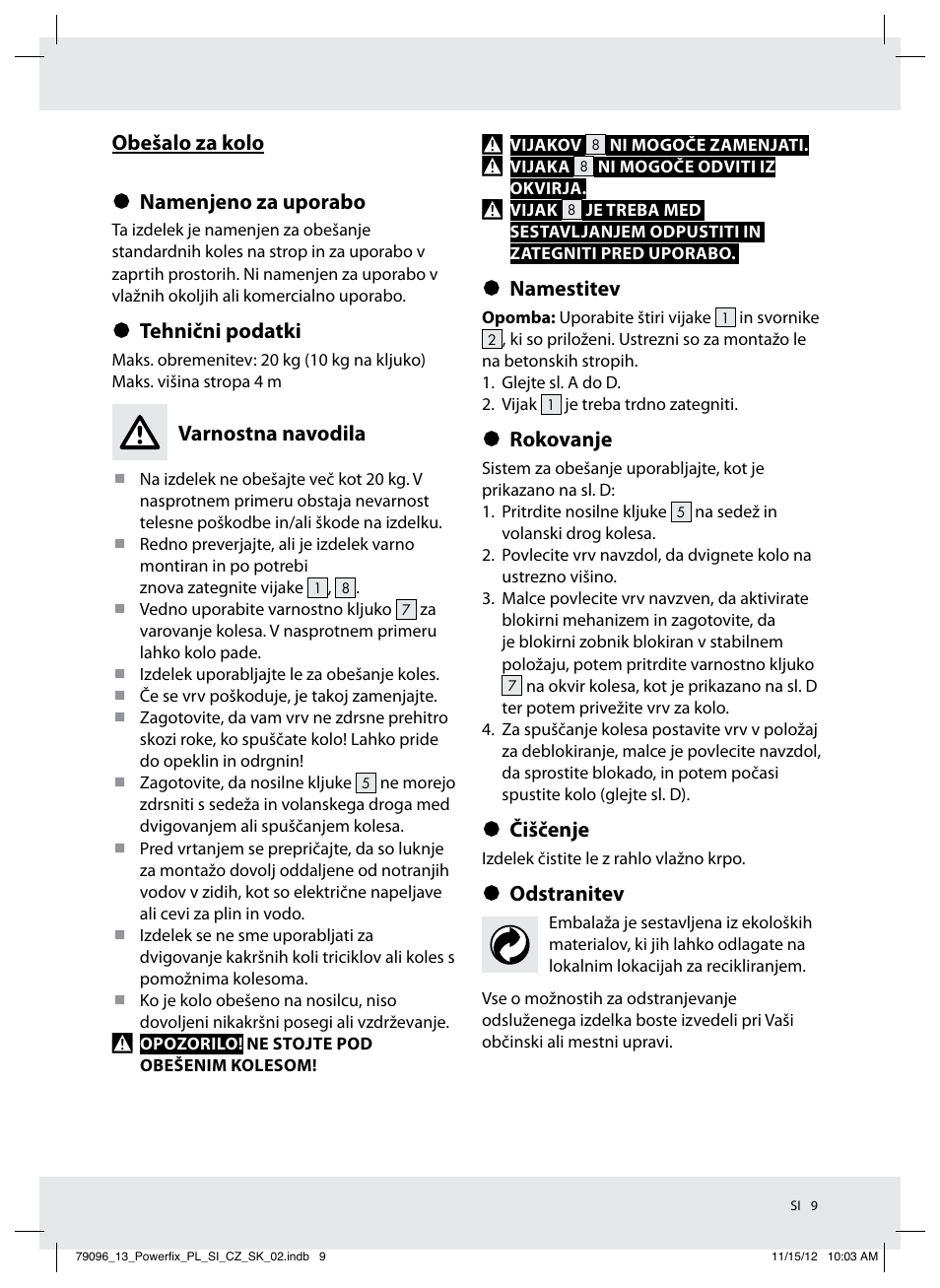 Obešalo za kolo § namenjeno za uporabo, Tehnični podatki, Varnostna navodila | Namestitev, Rokovanje, Čiščenje, Odstranitev | Powerfix Z31331 User Manual | Page 9 / 18