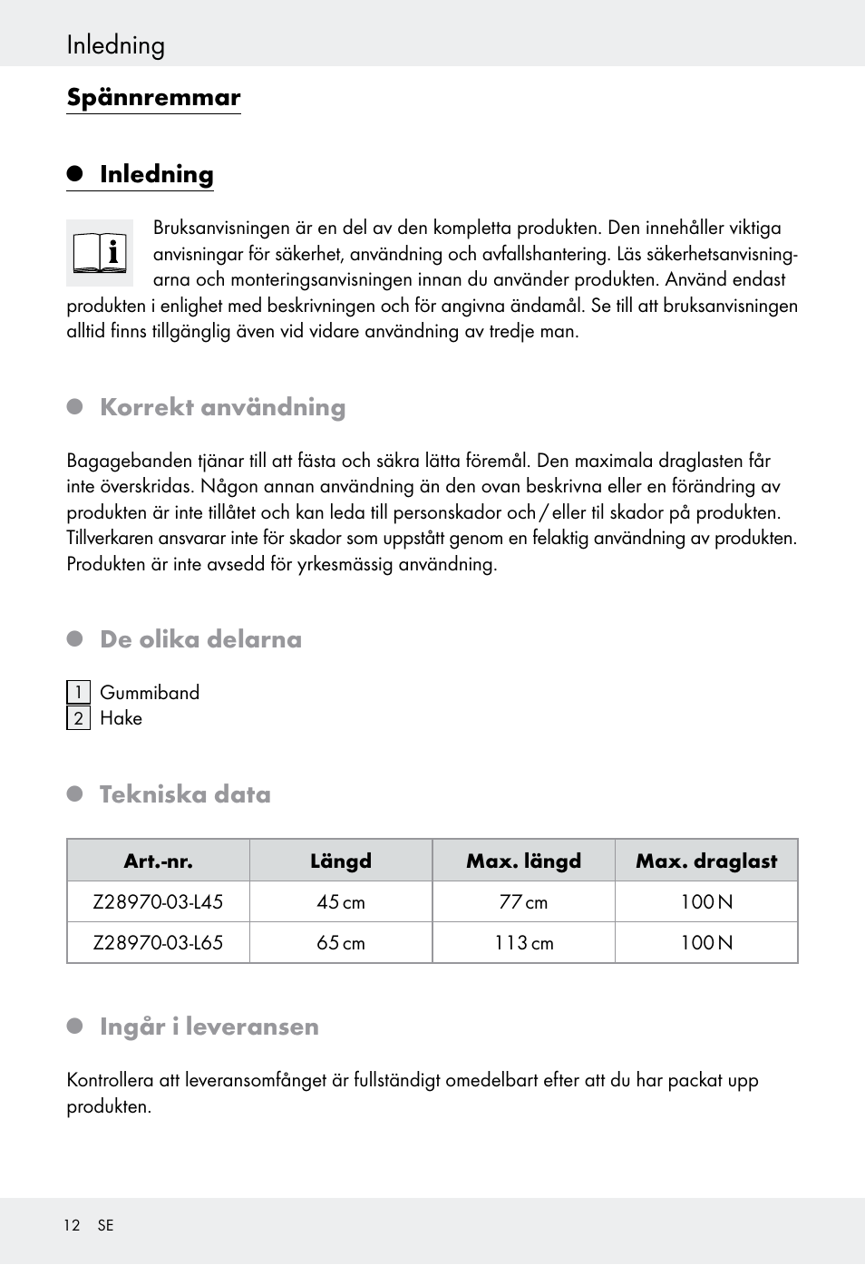 Inledning, Spännremmar, Korrekt användning | De olika delarna, Tekniska data, Ingår i leveransen | Powerfix Z28970-03 User Manual | Page 12 / 32