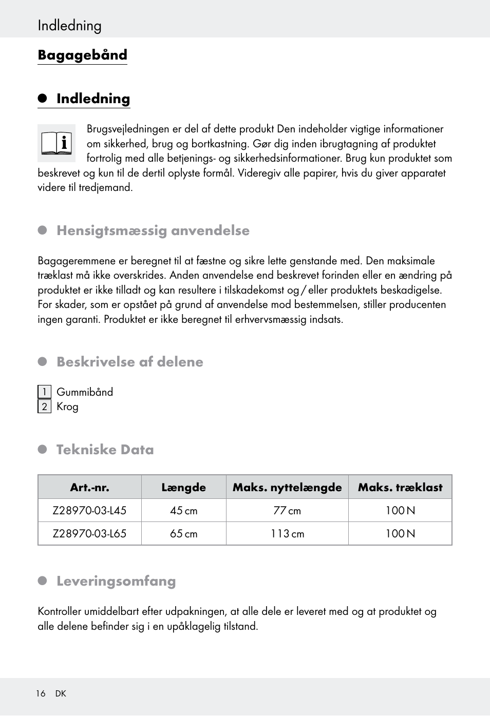 Indledning, Bagagebånd, Hensigtsmæssig anvendelse | Beskrivelse af delene, Tekniske data, Leveringsomfang | Powerfix Z28970-03 User Manual | Page 16 / 32