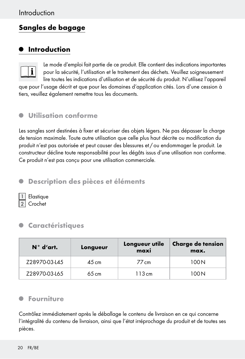 Introduction, Sangles de bagage, Utilisation conforme | Description des pièces et éléments, Caractéristiques, Fourniture | Powerfix Z28970-03 User Manual | Page 20 / 32