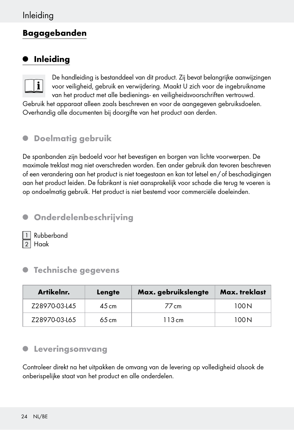 Bagagebanden, Inleiding, Doelmatig gebruik | Onderdelenbeschrijving, Technische gegevens, Leveringsomvang | Powerfix Z28970-03 User Manual | Page 24 / 32