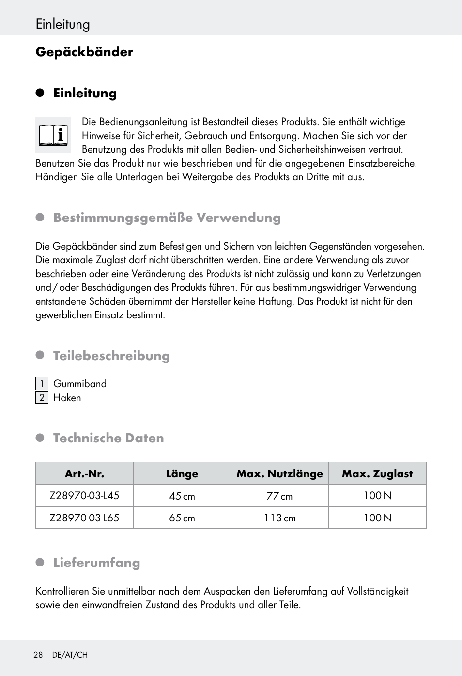 Einleitung, Gepäckbänder, Bestimmungsgemäße verwendung | Teilebeschreibung, Technische daten, Lieferumfang | Powerfix Z28970-03 User Manual | Page 28 / 32