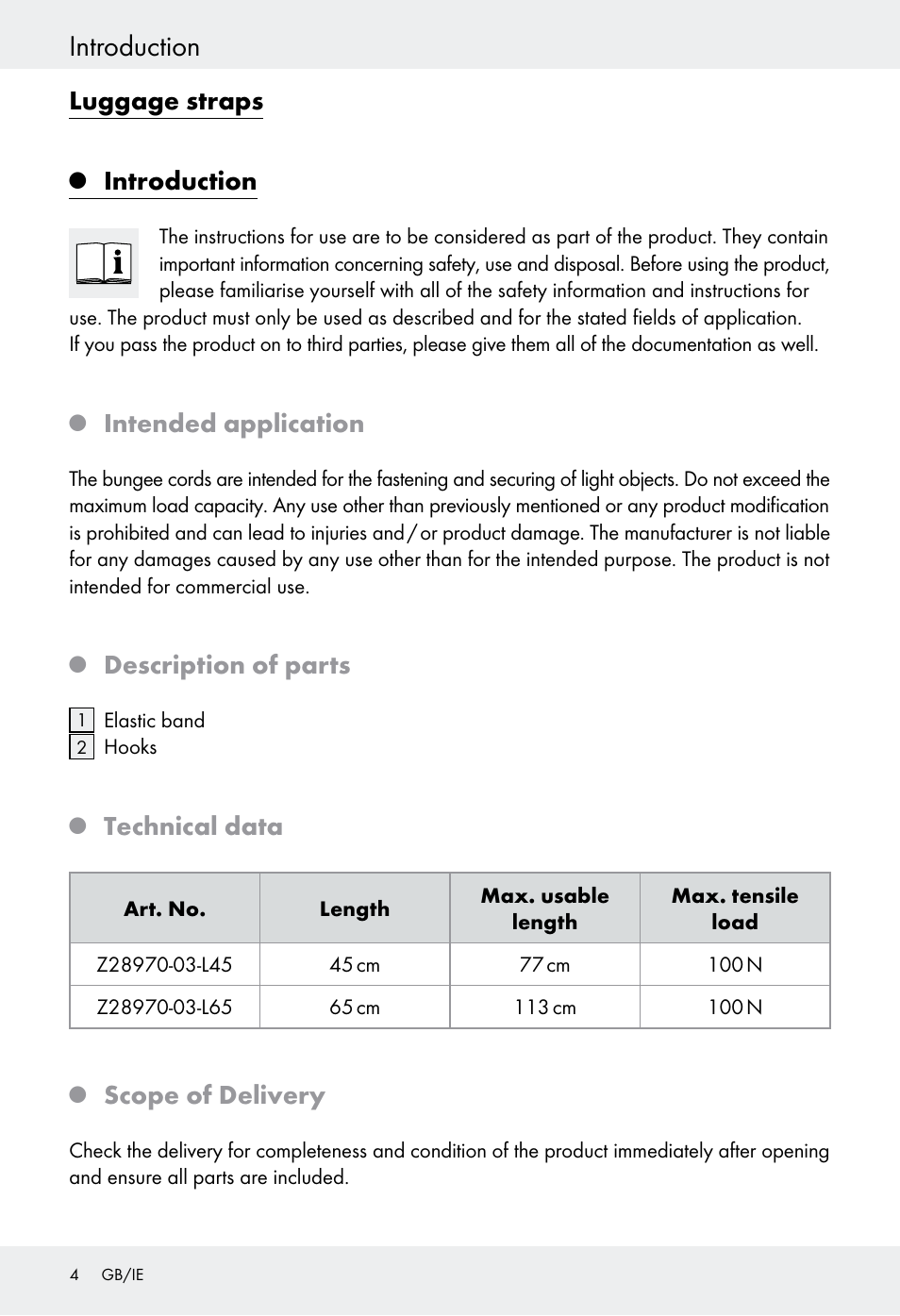 Introduction, Luggage straps, Intended application | Description of parts, Technical data, Scope of delivery | Powerfix Z28970-03 User Manual | Page 4 / 32